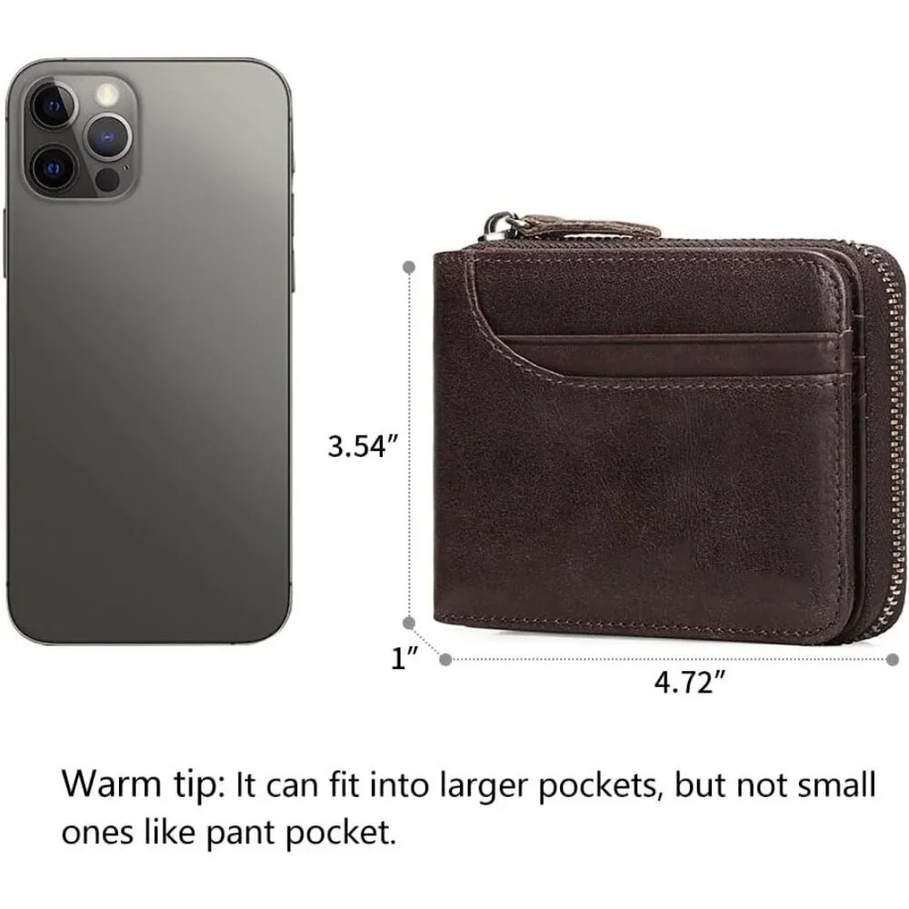 Men's A-Brown Wallets Genuine Leather Front Around Zip Pocket Credit Card